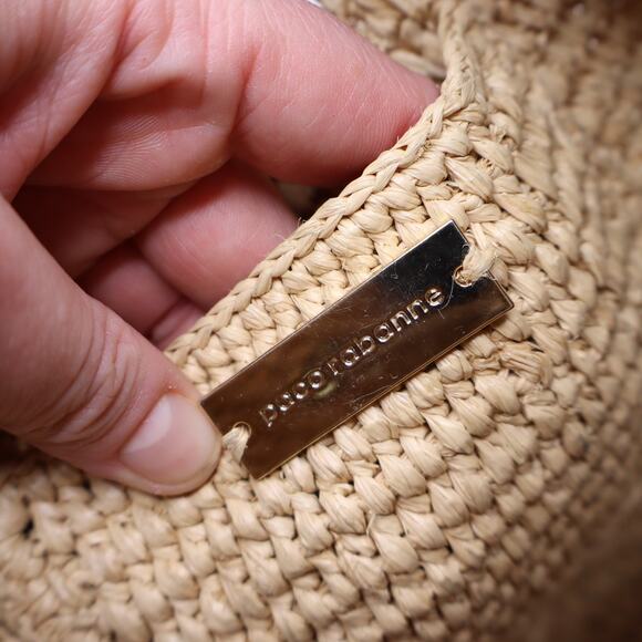 PACO RABANNE Natural Raffia Bucket Bag Gold Chain Link Top Handle Crossbody Bag - Picture 11 of 11